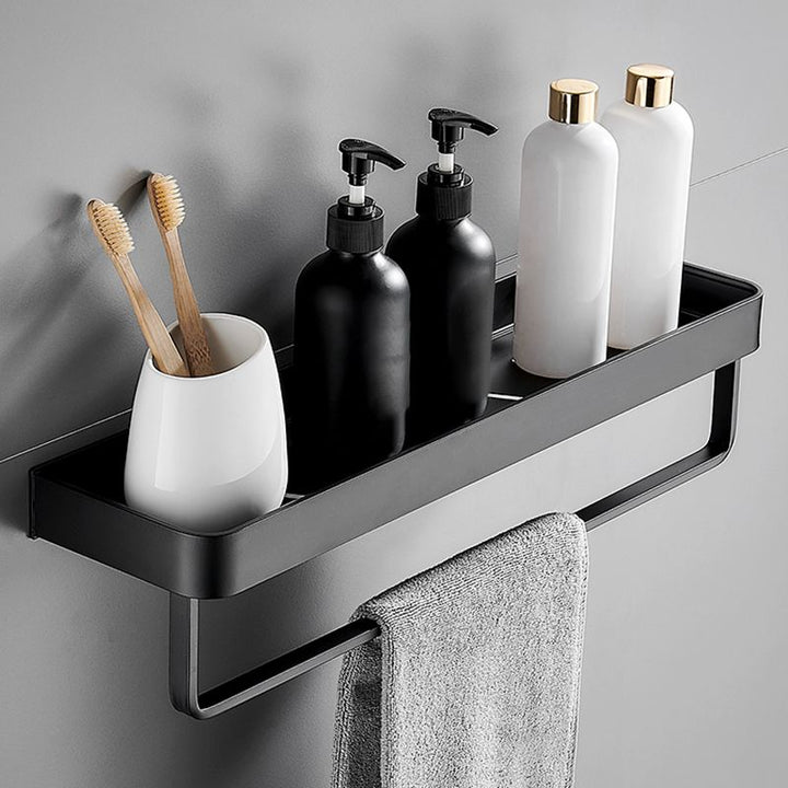 Estante de pared negro mate para baño, fácil de instalar y muy resistente.