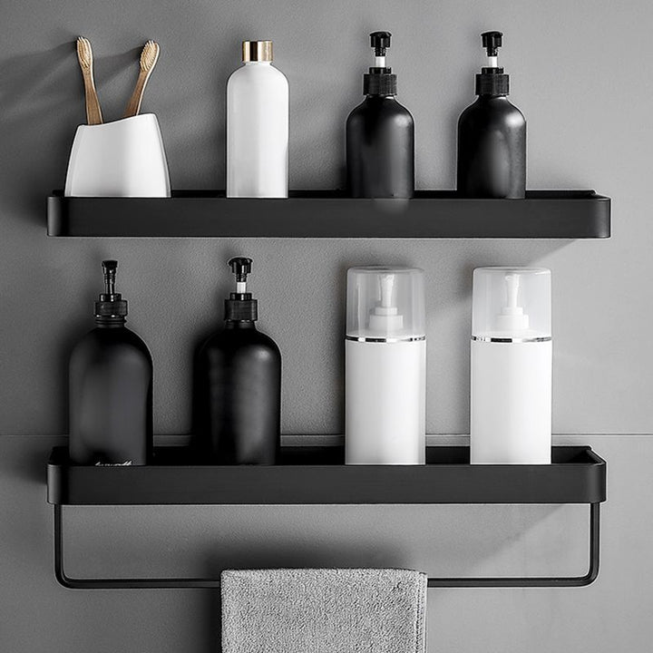 Estante de acero inoxidable negro mate, solución de almacenamiento para tu baño.