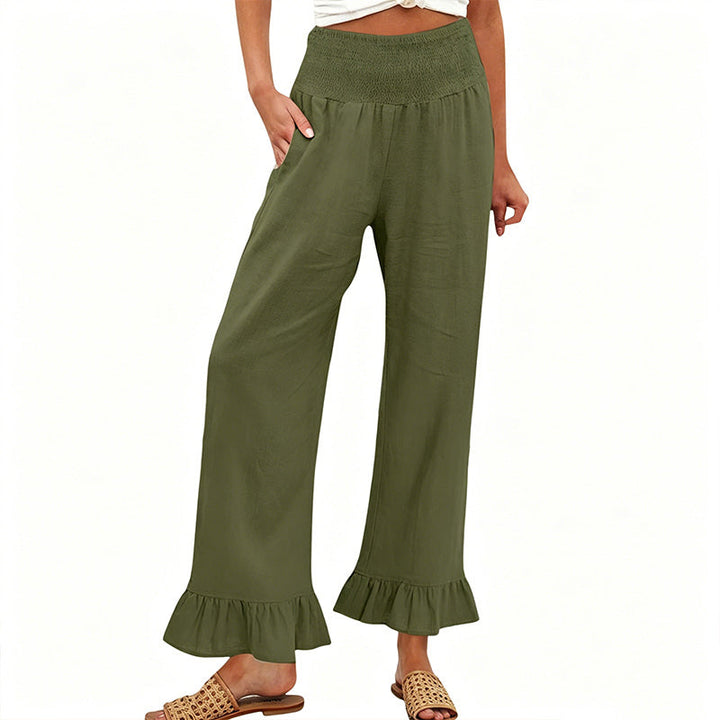 Pantalón mujer de algodón y lino, pierna ancha con volante, tiro alto y cintura smock, estilo casual bohemio.