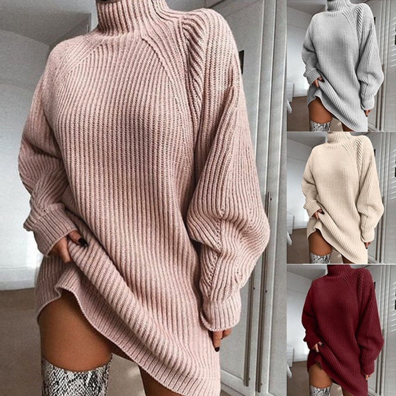 Vestido jersey cuello alto para mujer, cálido y elegante, ideal para el invierno.