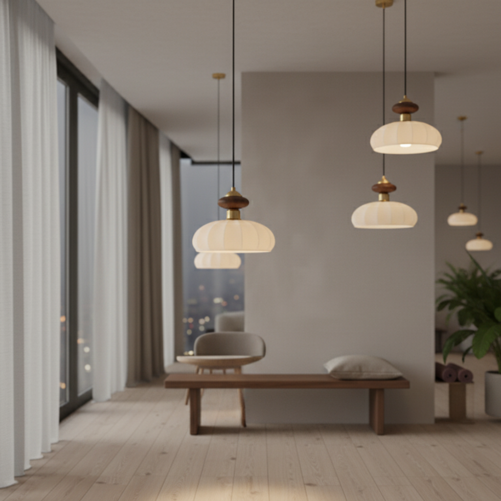 Lámpara colgante de vidrio acanalado y madera natural para cocina moderna. Diseño Ceres, luz LED.
