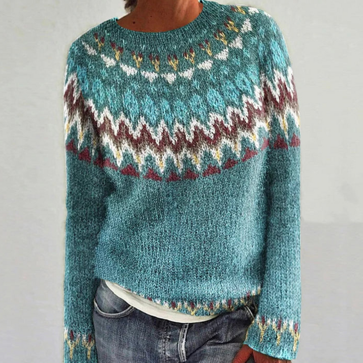 Suéter de punto cálido azul para mujer, con diseño de cuello redondo. Perfecto para ropa de invierno casual o elegante.