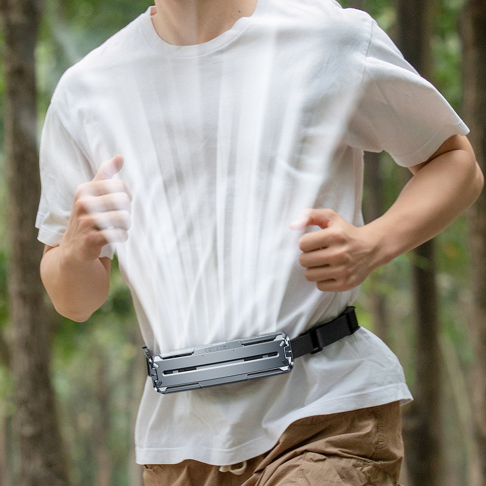 Ventilador de cintura para senderismo, recargable y discreto. Mantente fresco y cómodo en tus rutas al aire libre.