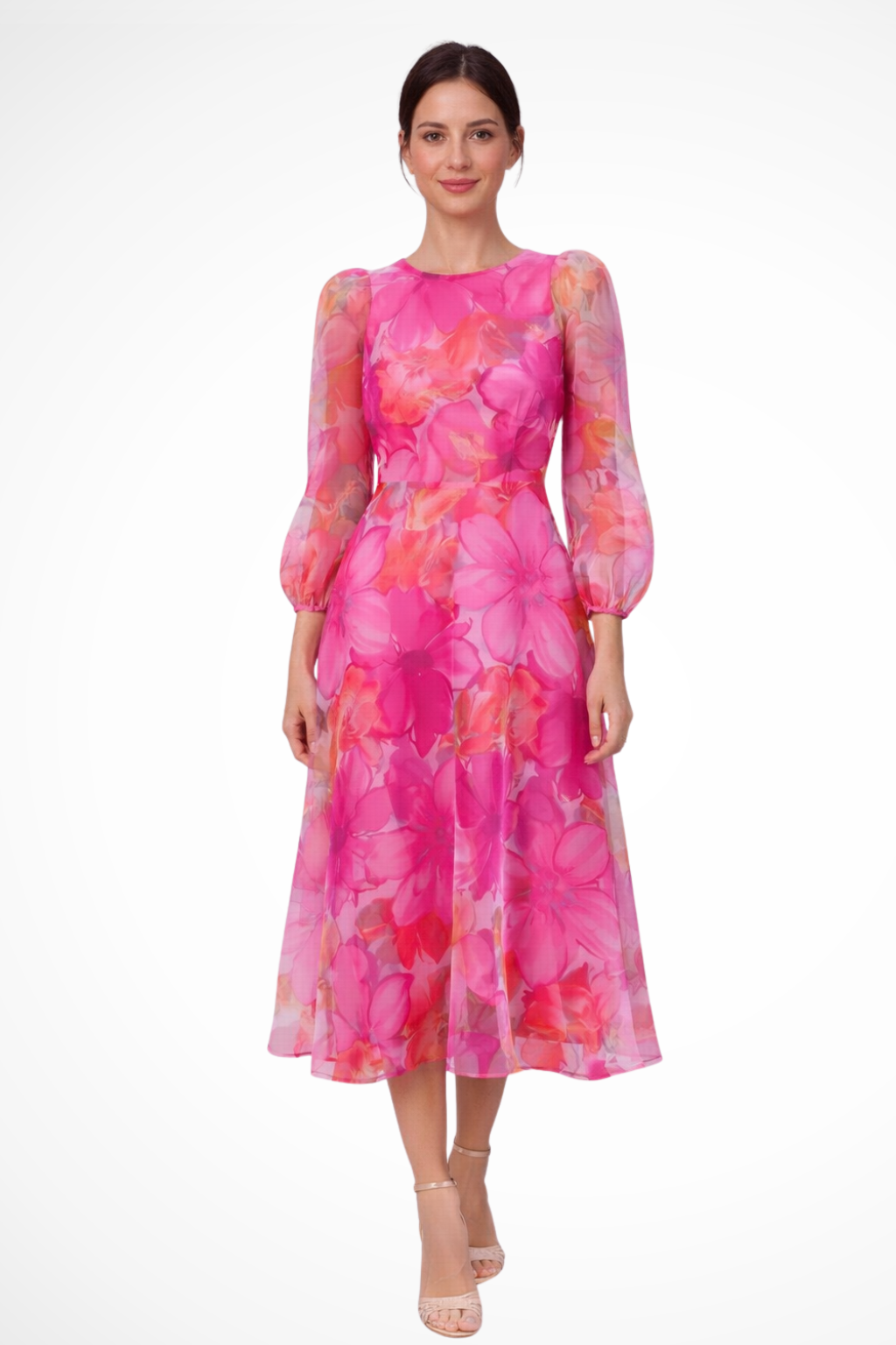 Vestido midi floral elegante para invitada, mangas largas, perfecto para celebración y fiesta de mujer.