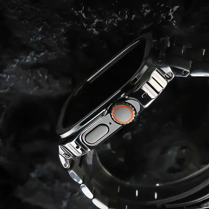 Transforma tu smartwatch con esta correa y funda de acero inoxidable. Lujo y protección metálica.