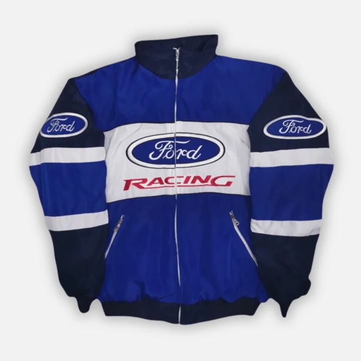 Chaqueta de carreras vintage unisex estilo retro, ideal para moda automovilismo y look casual urbano.