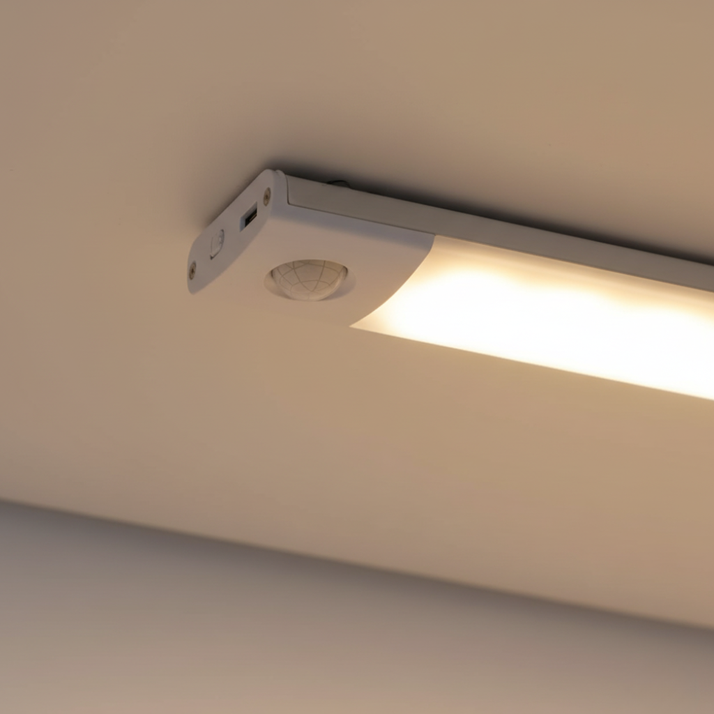 Iluminación eficiente: Lámpara LED recargable con sensor de movimiento para ahorro energético en el hogar.
