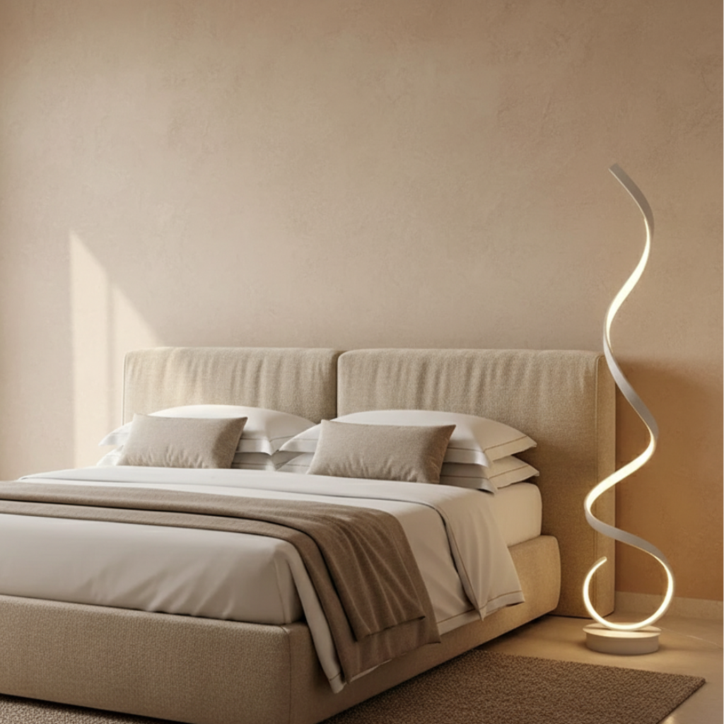 Diseño contemporáneo: lámpara de pie LED espiral, iluminación regulable para salones.