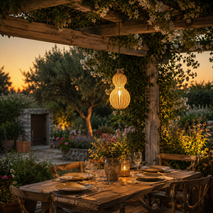 Lámpara colgante tejida para jardín, diseño moderno e impermeable IP65, luz cálida para exterior.