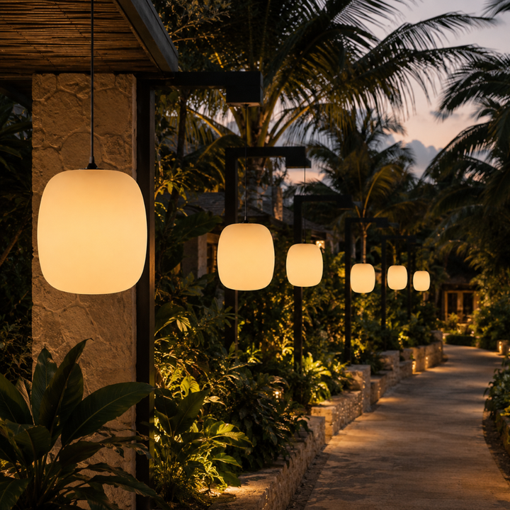 Lámpara colgante LED IP65 para exteriores, resistente al agua, diseño japonés moderno.