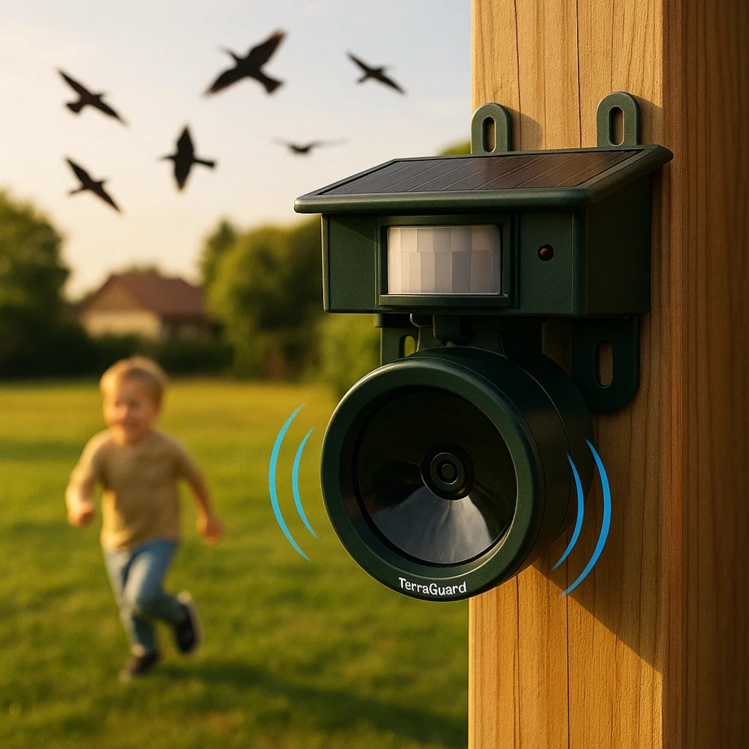 Dispositivo solar TerraGuard con sensor de movimiento PIR para proteger tu jardín de aves.