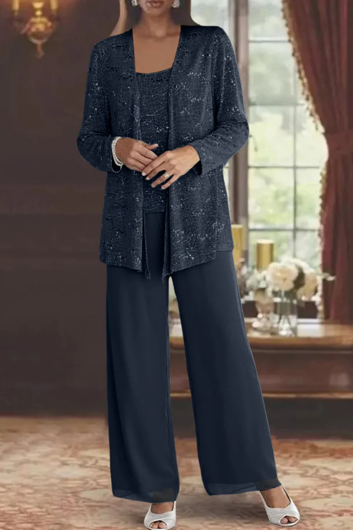 Traje de pantalón de moda para mujer, estilo sofisticado con chaqueta brillante de encaje.