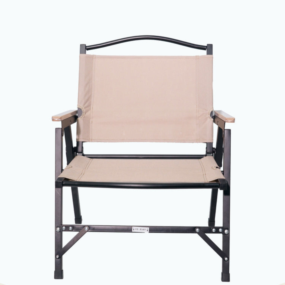 Silla de relajación plegable caqui, diseño minimalista con apoyabrazos, perfecta para exterior.