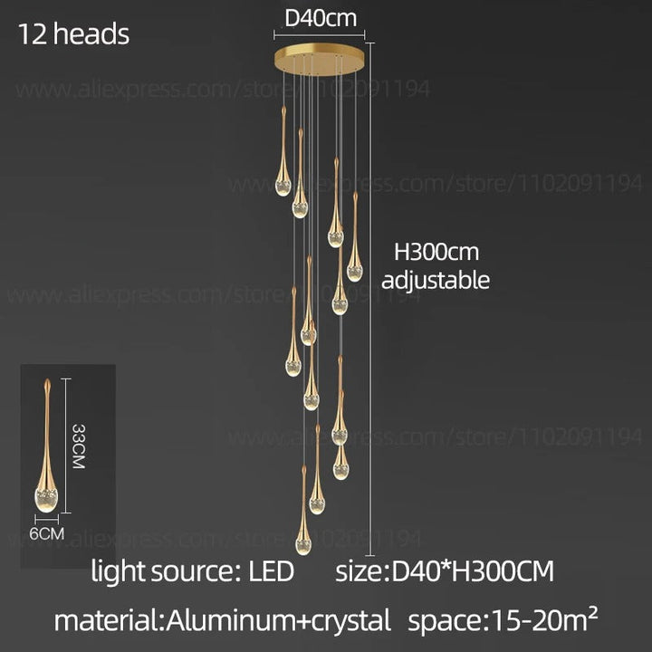 Decoración de techo: lámpara colgante dorada contemporánea, forma de lágrima y cristal.