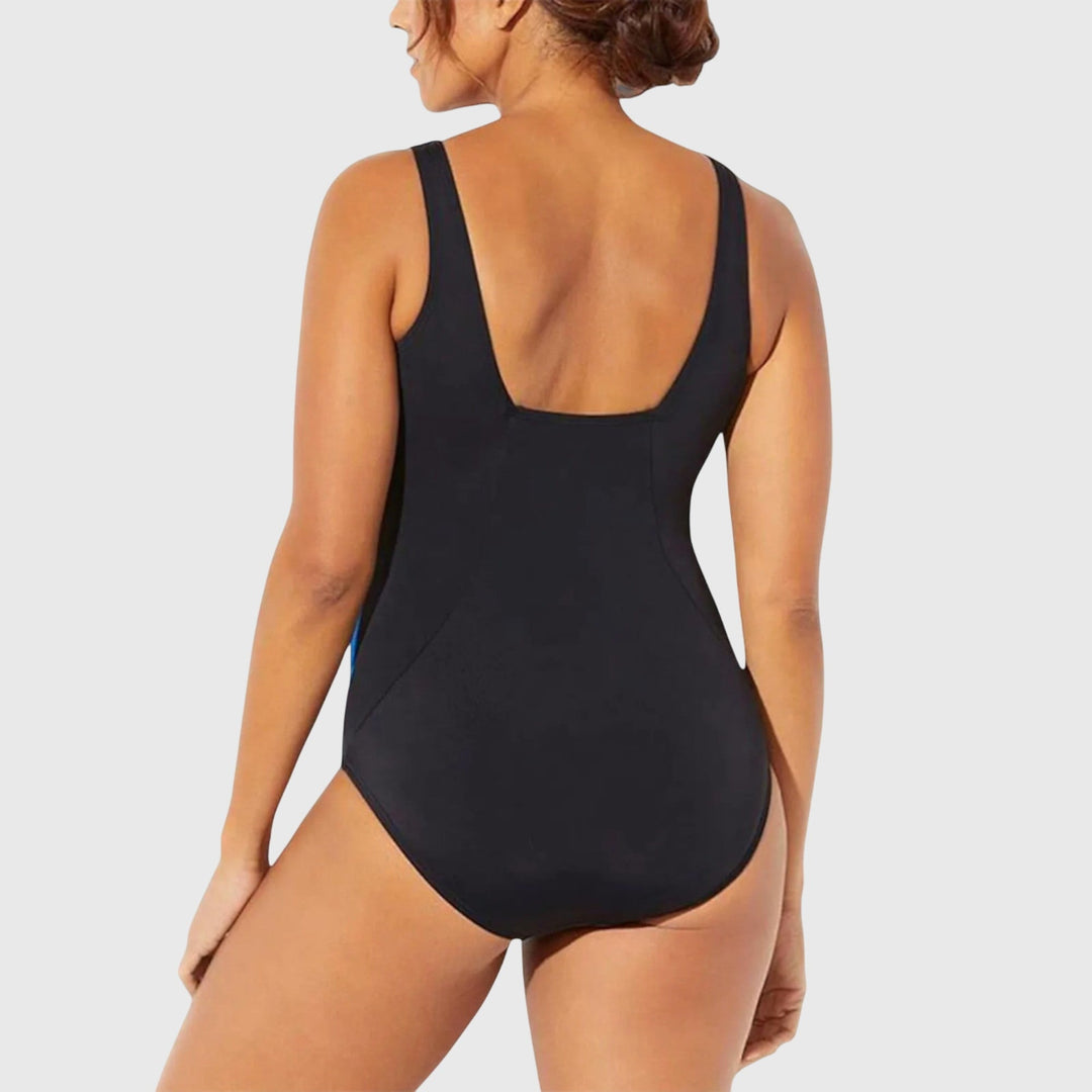 Bañador moldeador de mujer, una pieza con estampado pinceladas y escote cuadrado, ideal para piscina.