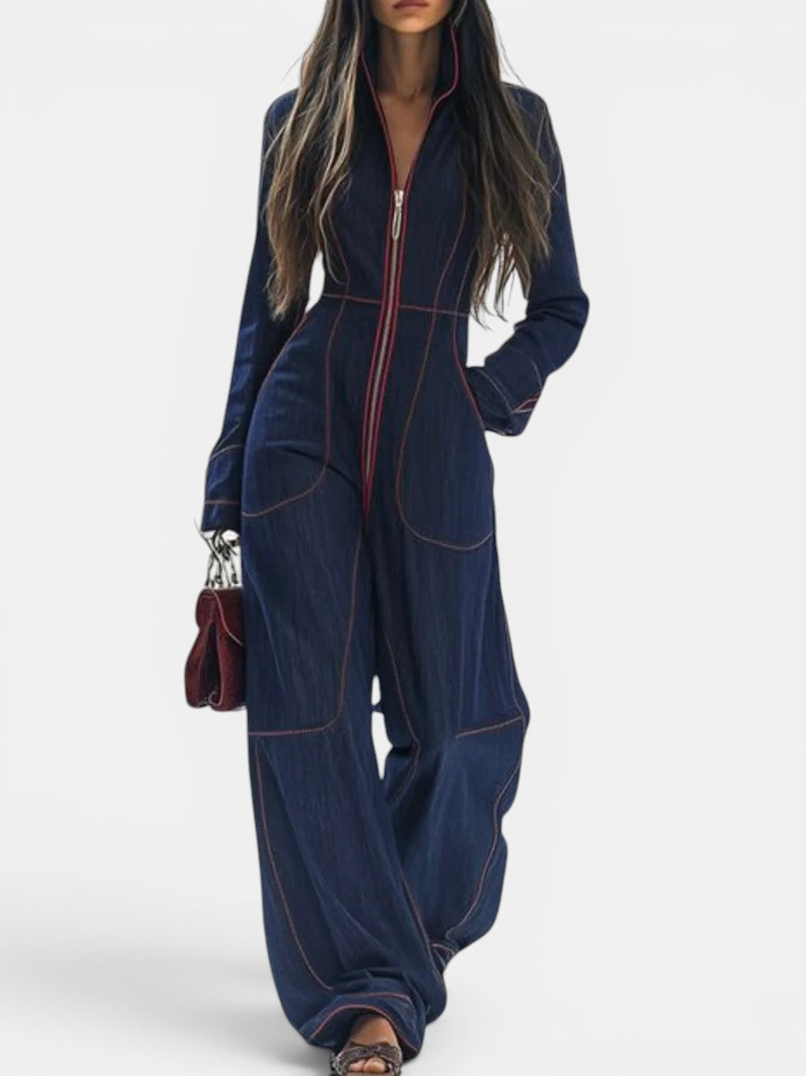 Jumpsuit casual de manga larga para mujer, pierna ancha y cuello alto. Perfecto para otoño.