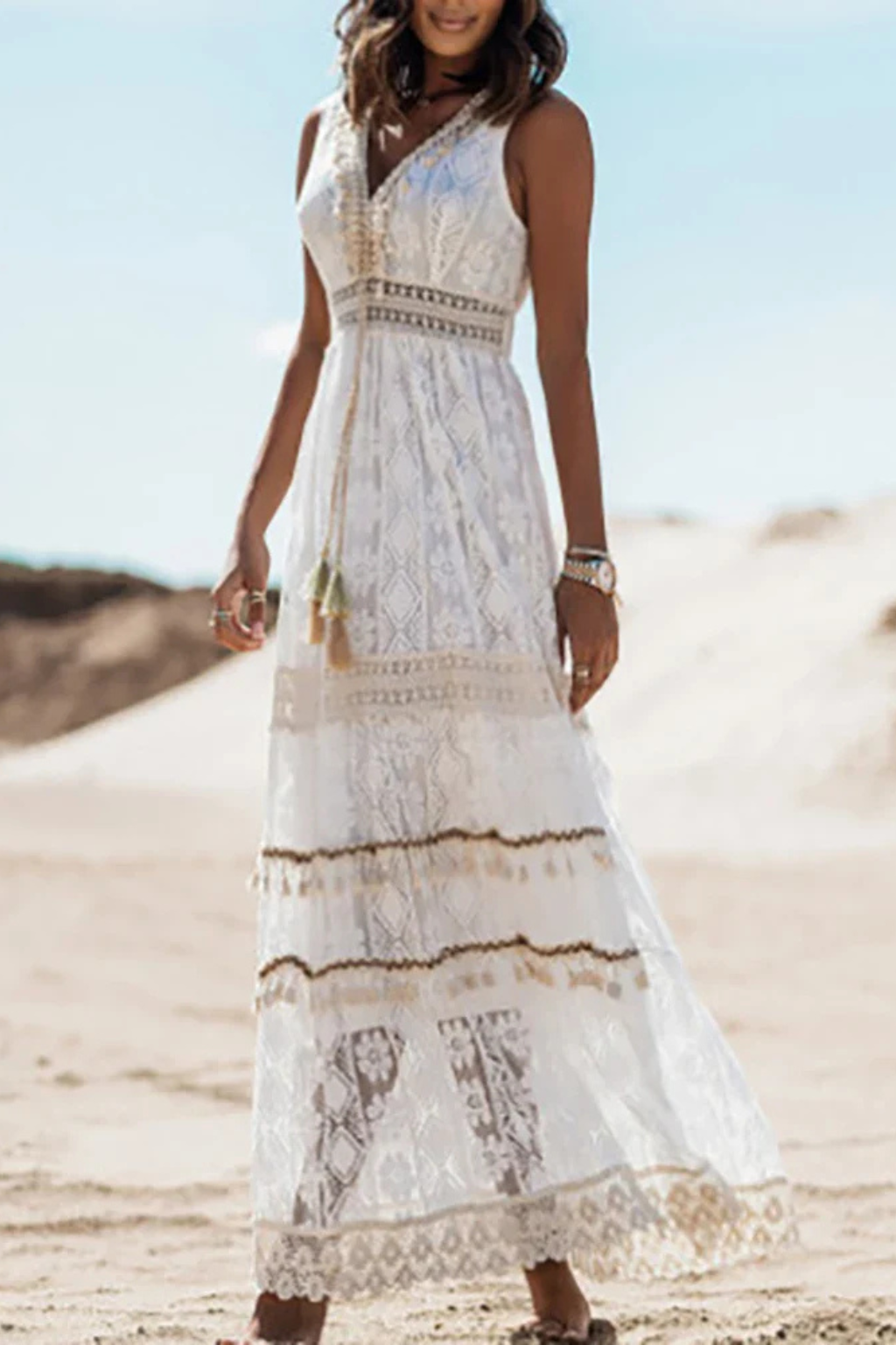 Vestido maxi de verano bohemio para mujer, silueta fluida y cómoda, ideal para un estilo fresco y elegante en playa.