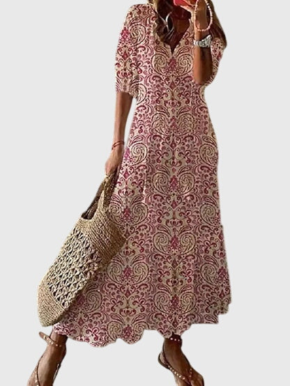 Cómodo vestido maxi boho floral de verano para mujer, escote V fluido. Estilo vintage y casual.