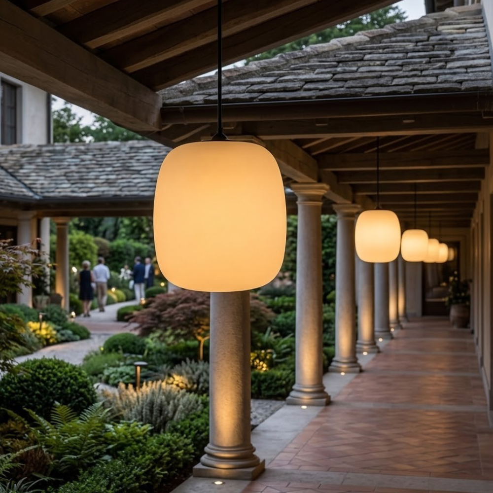 Iluminación de jardín LED con lámpara colgante, diseño japonés y minimalista, ambiente cálido.