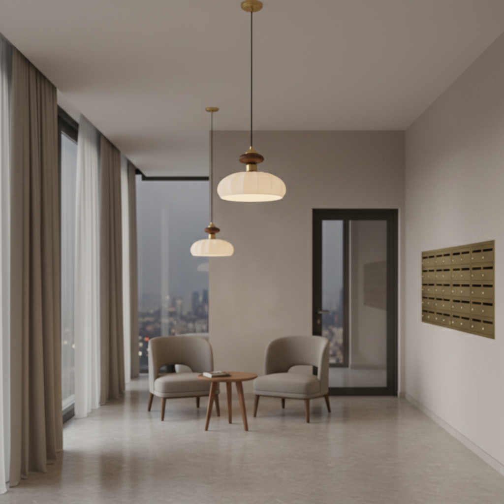 Lámpara de comedor estilo Japandi: Colgante Ceres de vidrio acanalado y madera natural. Diseño orgánico.