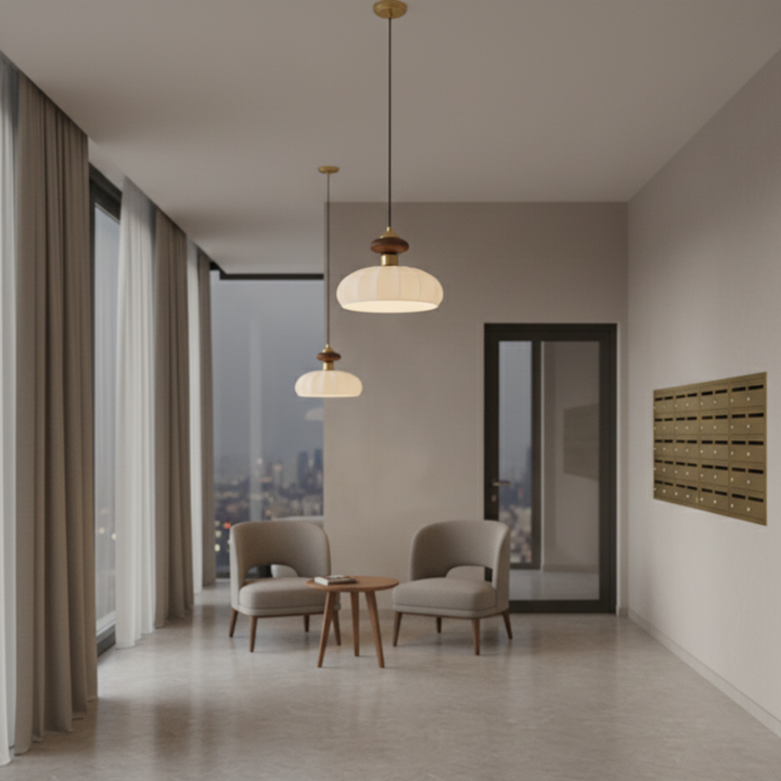 Lámpara de comedor estilo Japandi: Colgante Ceres de vidrio acanalado y madera natural. Diseño orgánico.