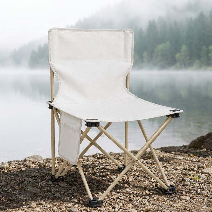 Silla plegable compacta para camping y balcón. Fácil de guardar y optimizar espacio.