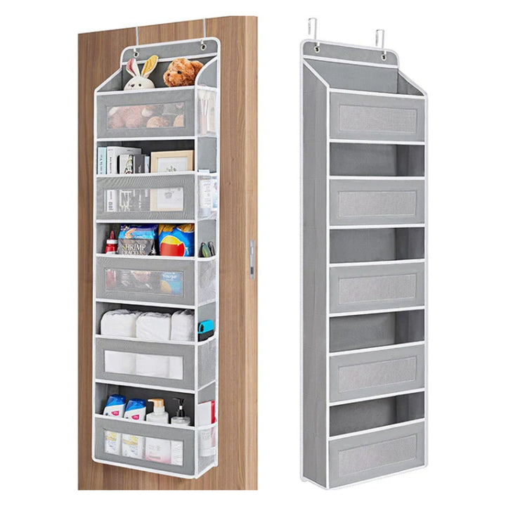Organizador multiusos negro con 5 estantes, perfecto para colgar en puertas de despensa, baño o armario.