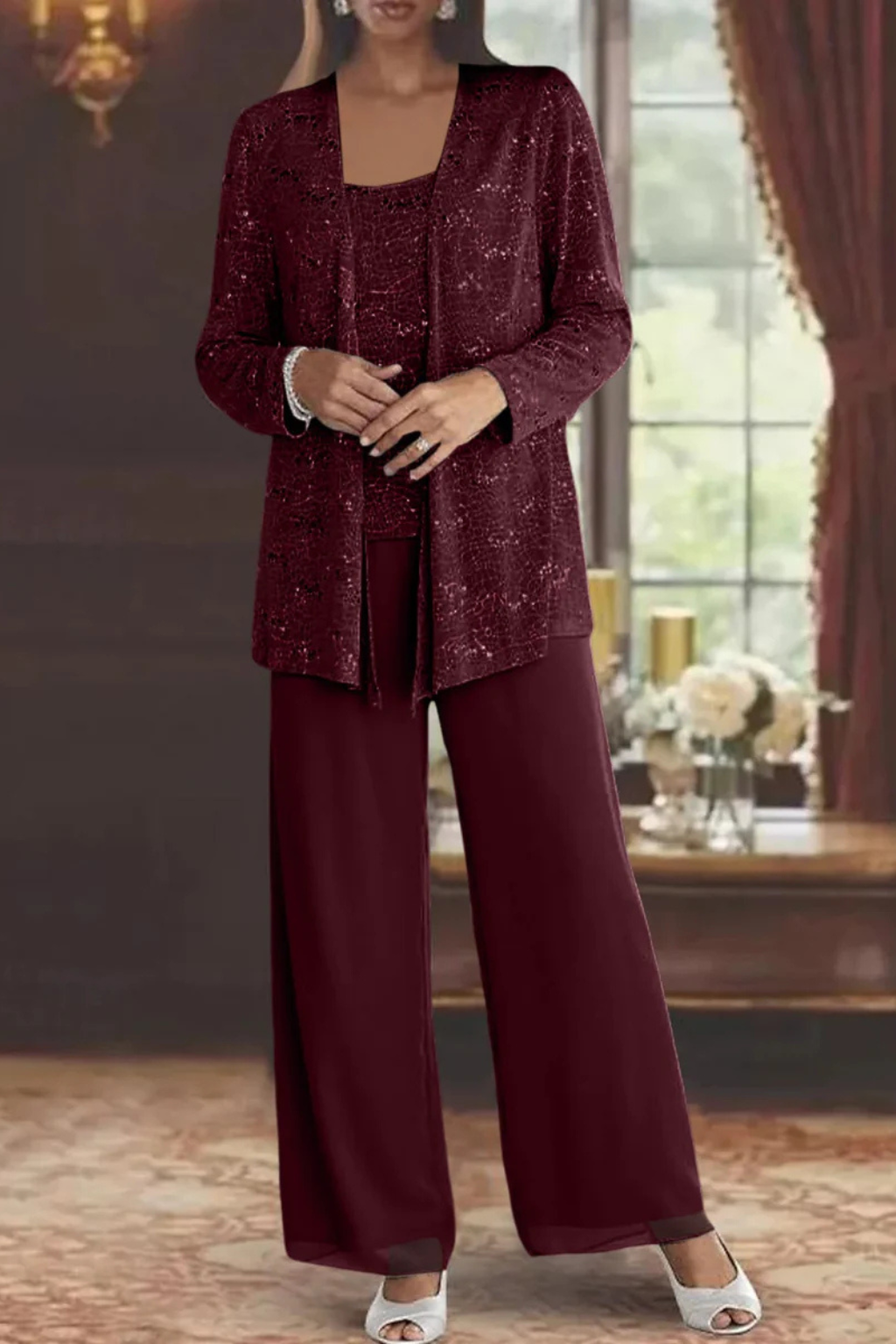 Chaqueta de encaje con lentejuelas y pantalón elegante, conjunto de pantalón para mujer.