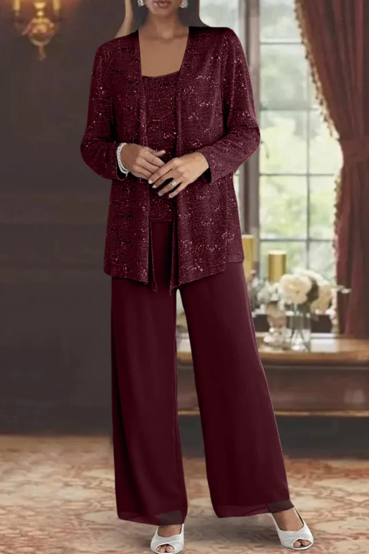 Chaqueta de encaje con lentejuelas y pantalón elegante, conjunto de pantalón para mujer.