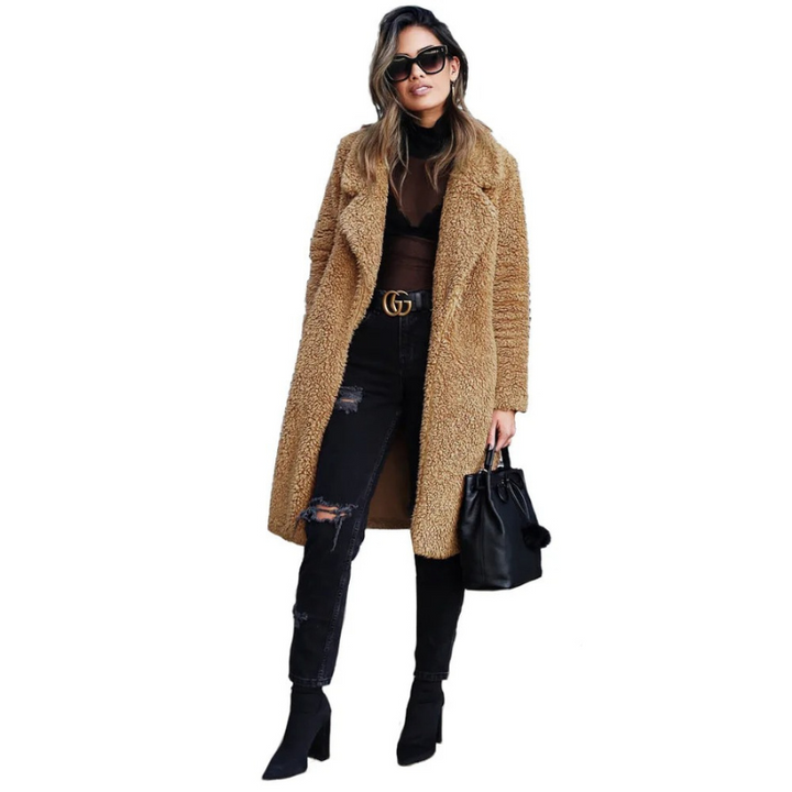 Abrigo de teddy con solapa para mujer, largo, elegante y abrigador para el invierno.