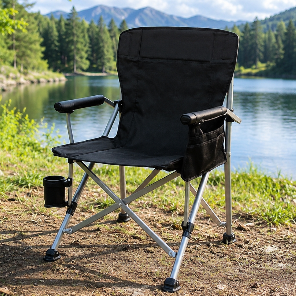 Silla de camping plegable negra unisex de alta resistencia, ideal para acampar, pescar y playa con comodidad.