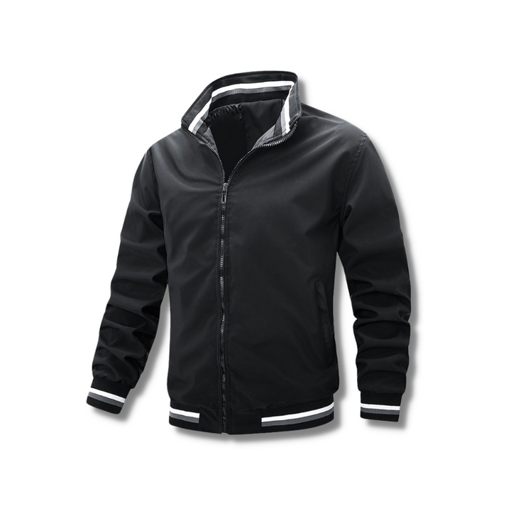 Chaqueta de hombre con cremallera y contraste, ideal para un estilo casual de moda masculina de otoño.