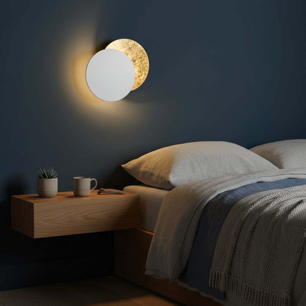 Lámpara LED de pared, giro completo 360°, luz cálida para dormitorio o sala.
