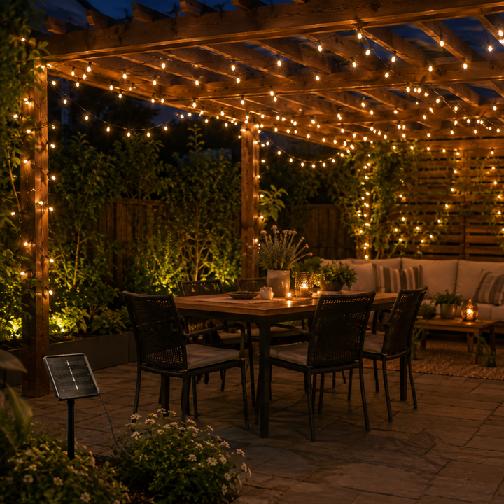 Luces solares LED cálidas adornando una pérgola en el jardín, con energía solar eficiente.
