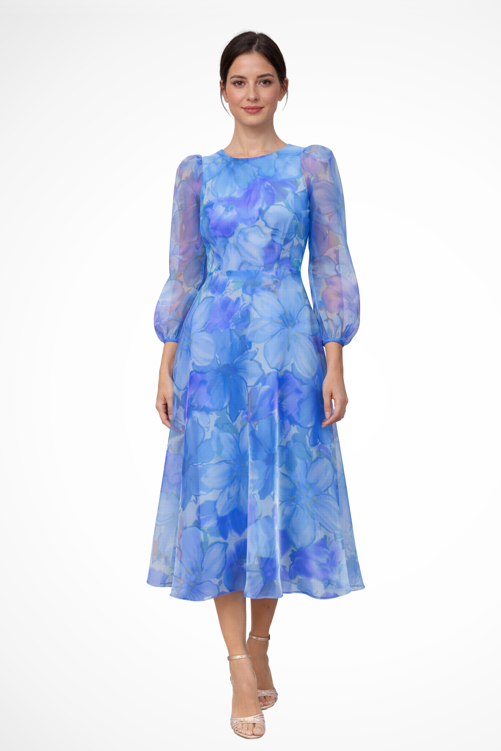 Vestido midi mujer con estampado floral vibrante, diseño elegante y mangas largas para invitadas.