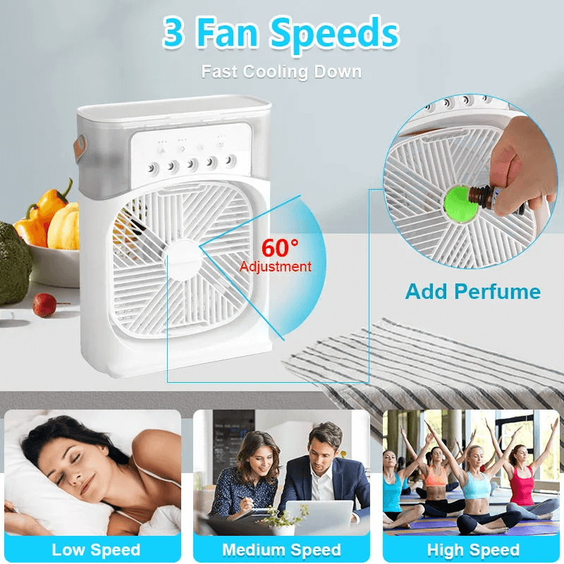 Ventilador compacto con nebulizador, refresca y purifica el aire, perfecto para llevar a cualquier lugar.