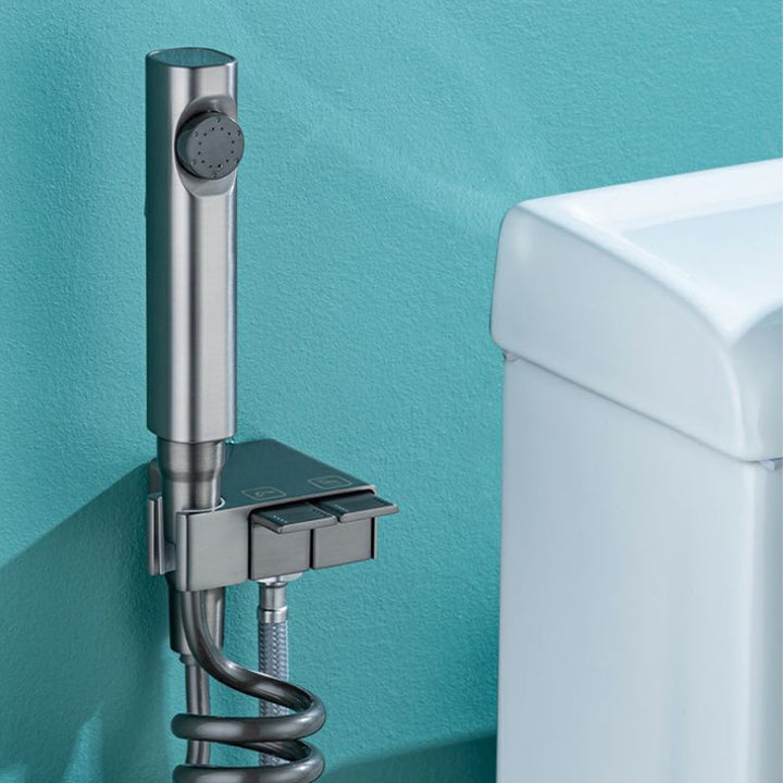 Accesorios de baño: rociador de bidé de pared con acabado gris, controles estilo piano cromados.