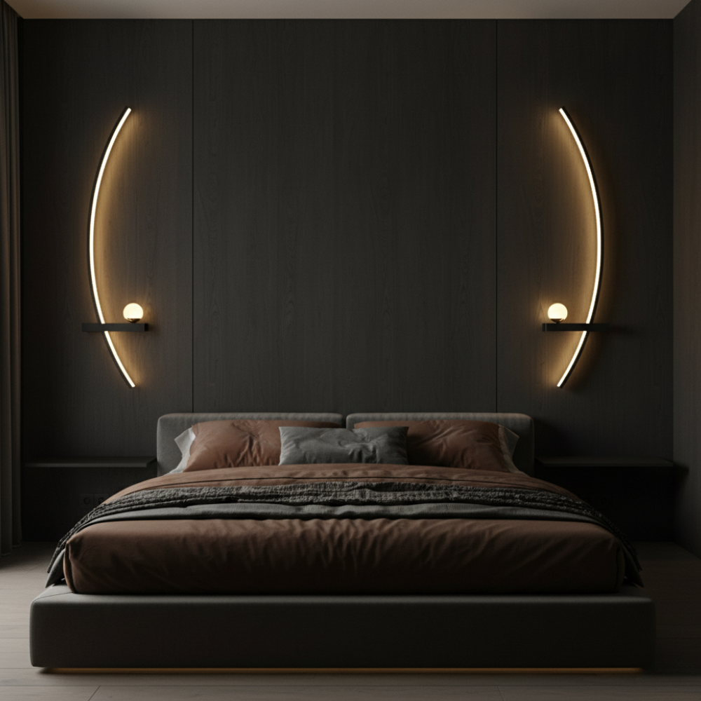 Aplique LED de pared para hogar, diseño minimalista, iluminación cálida y moderna.