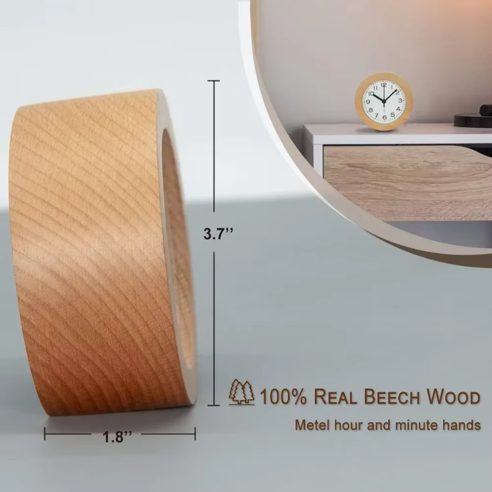 Moderno reloj despertador de madera, mecanismo de cuarzo, analógico, alimentado por batería, decoración.