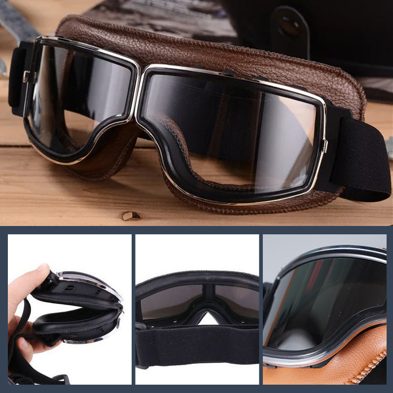 Protección UV en gafas de moto vintage, ideales para cualquier motociclista y su estilo.
