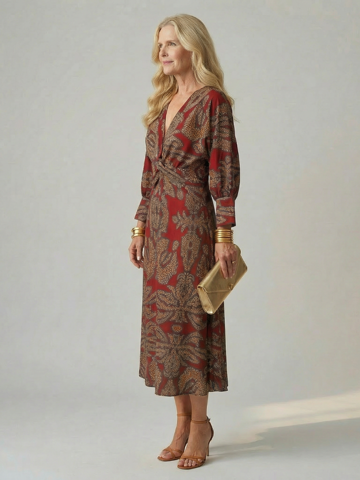 Vestido midi versátil, moda femenina cómoda con corte cruzado y cintura ajustada.