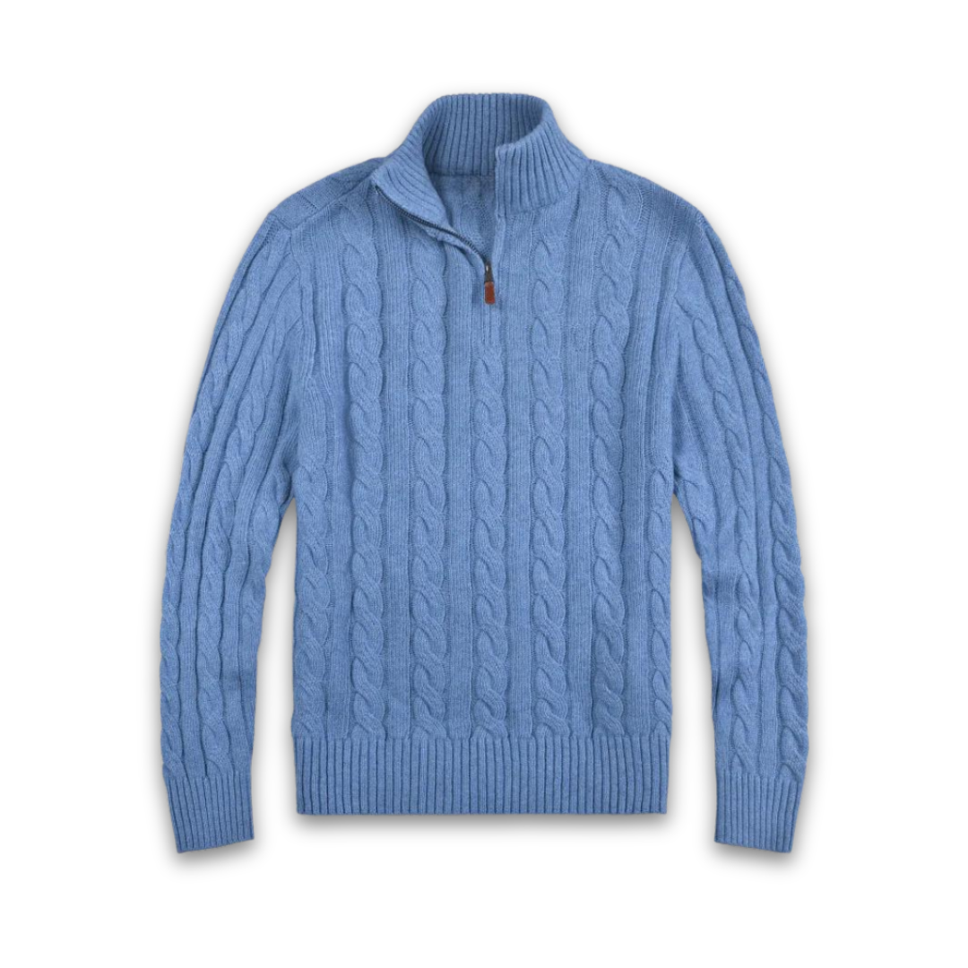 Jersey versátil de hombre. Cuello alto y media cremallera para un look elegante o casual. Prendas de invierno.
