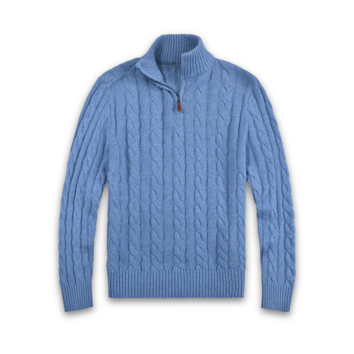 Jersey versátil de hombre. Cuello alto y media cremallera para un look elegante o casual. Prendas de invierno.