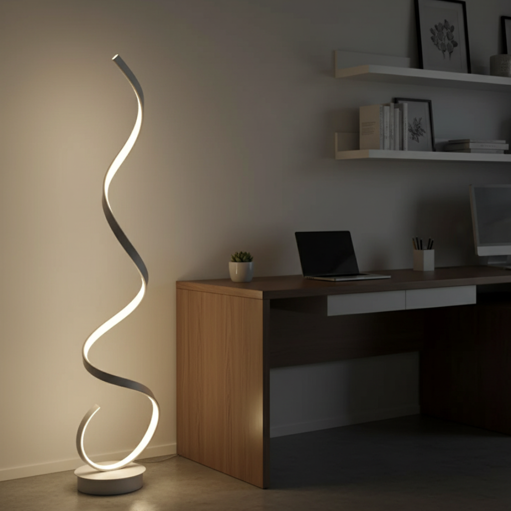 Lámpara de pie LED moderna, diseño espiral, regulable para un ambiente cálido y acogedor.