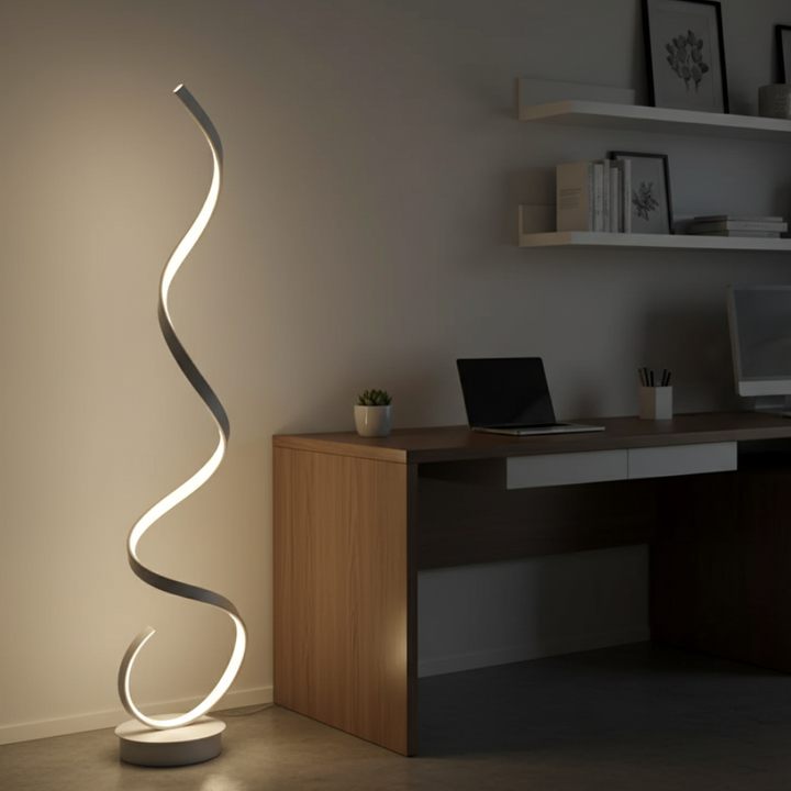 Lámpara de pie LED moderna, diseño espiral, regulable para un ambiente cálido y acogedor.
