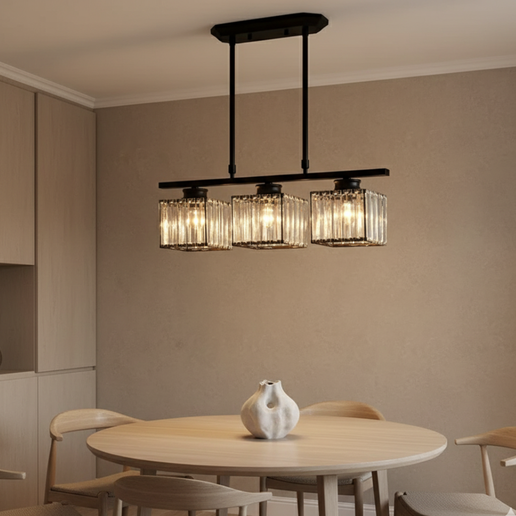 Iluminación colgante elegante para cocina, luz lineal de diseño moderno y sofisticado.