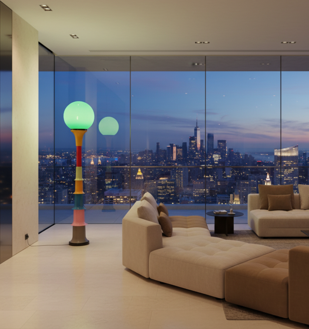 Decoración hogar con lámpara de pie vibrante. Luz ambiental creativa para cualquier espacio moderno.
