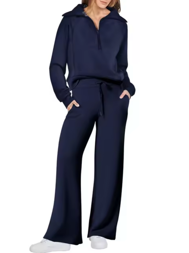 Conjunto casual de sudadera y pantalón para mujer, ideal para comodidad y estilo en otoño.