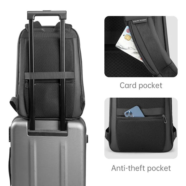 Mochila portátil negra con frente rígido que ofrece máxima protección y estilo. Perfecta para el profesional moderno.