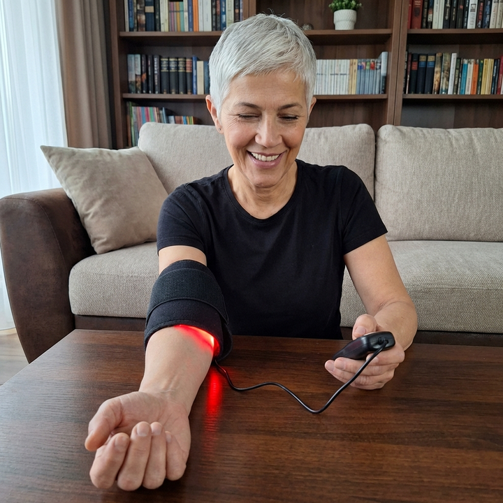 Dispositivo de terapia de luz roja y NIR para bienestar, diseño manos libres, alivia dolor muscular y articular.